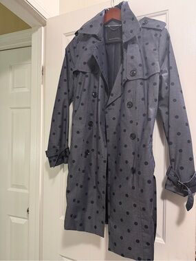 Banana Republic Gray Trench Coat with Navy Polka Dots